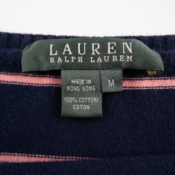LAUREN RALPH LAUREN Navy crewneck 1/2 sleeve sweater w/ pink stripes size M - Picture 2 of 8